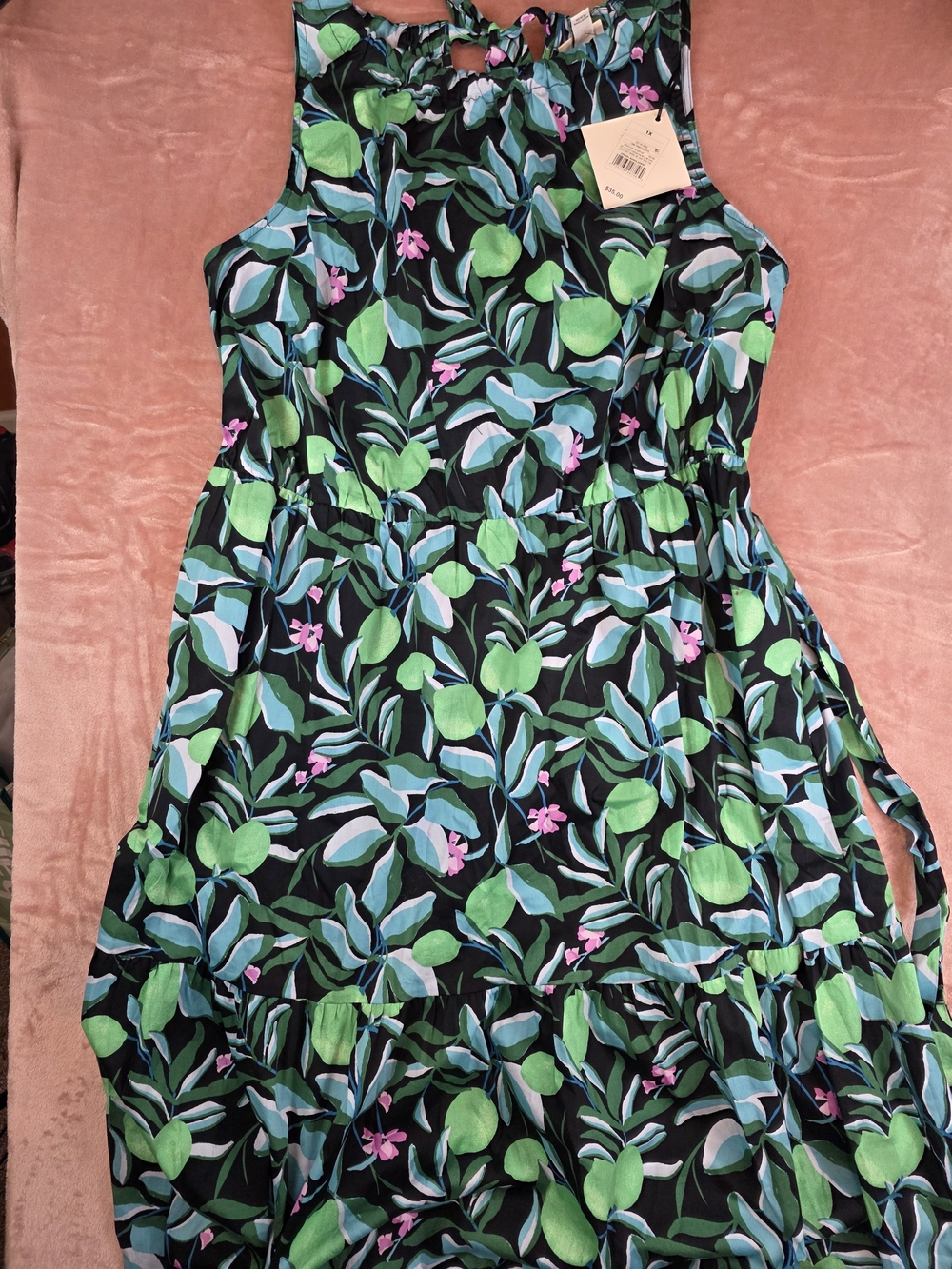 Womens Floral Leaf Print Sleeveless Dress - Green & Black